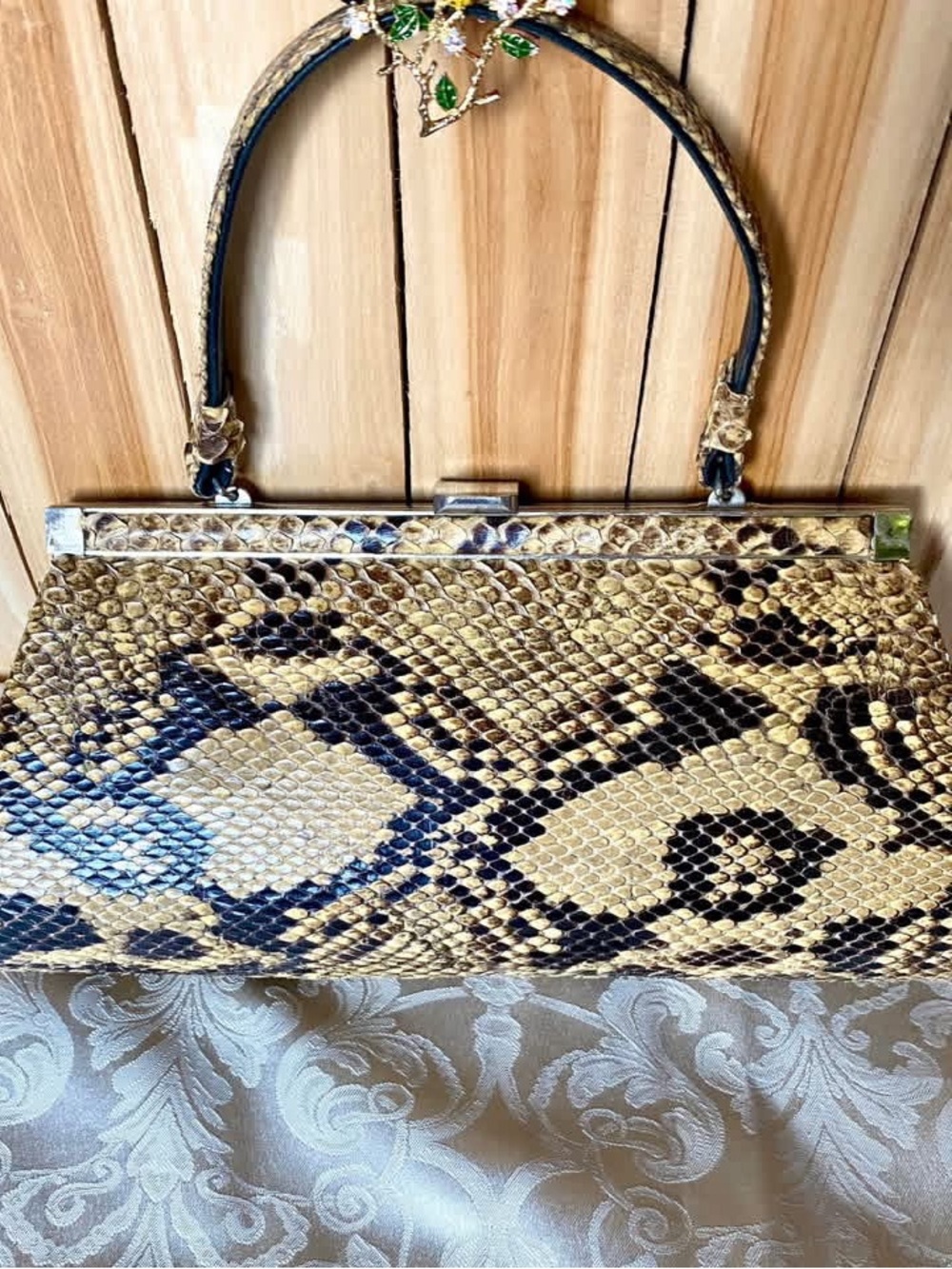 Vintage 50s/60s Elegant Real Python Snakeskin Top-Handle Bag in Gold and Black